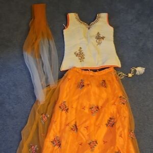 Orange and White Embroidered Lehenga Set